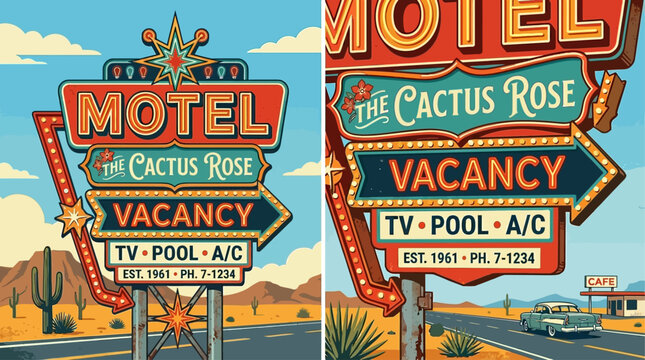 Captivating Retro Motel Vacancy Sign Illuminating a Desert Landscape with Classic Mid-Century Design for Roadside Travel and Adventure