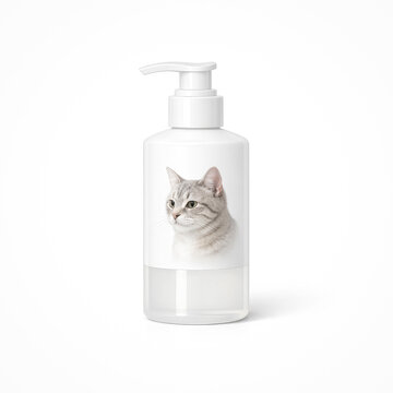 Champ&ocirc; antiparasit&aacute;rio para gato em frasco dispensador isolado sobre fundo branco