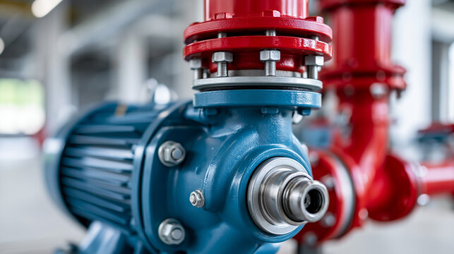 Close-up of an indoor water pump for a fire protection system in a building, fire suppression infrastructure concept, indoor pump photography, building fire protection detail,