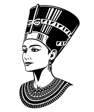 Nefertiti Portrait. Egyptian Queen Pharaoh. Black and white vector clipart.