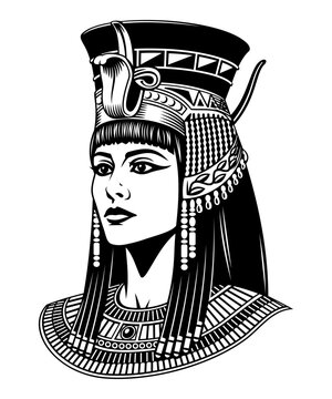 Cleopatra Portrait. Egyptian Queen Pharaoh. Black and white vector clipart.