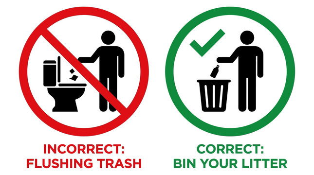 A person properly disposes trash in a bin, avoiding incorrect flushing.