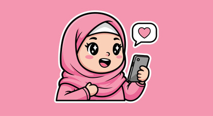 A cartoon woman wearing a pink hijab looks surprised while holding a smartphone with a heart speech bubble.