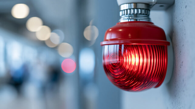 Close-up of a fire alarm strobe light flashing urgently on a wall during an evacuation in a commercial building, evacuation alarm concept, emergency strobe photography, commercial