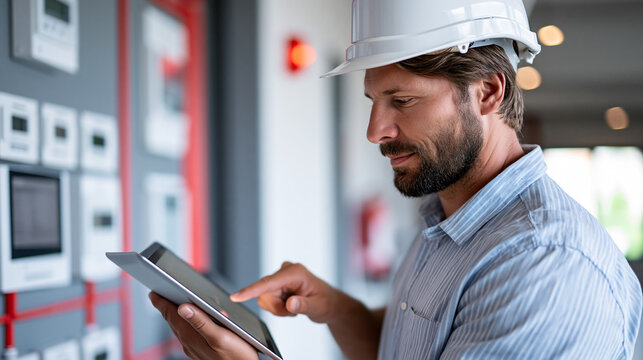 Rear view of a male worker using a tablet computer checking an alarm system in a room, digital inspection concept, tablet and alarm photography, smart security room monitoring,