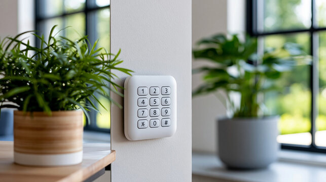 Close-up of a security system keypad mounted on a white wall in a home or office setting, security installation concept, wall keypad photography, access control system, with copy