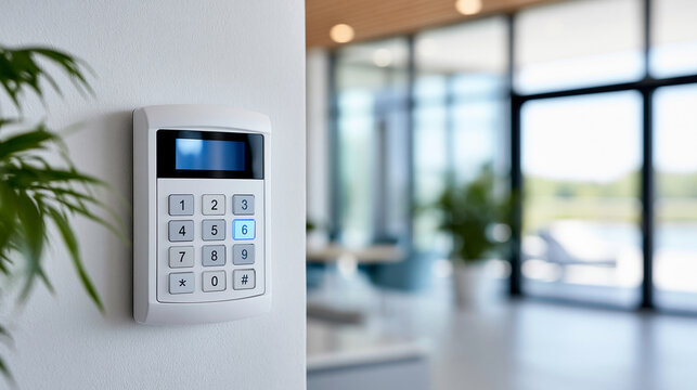 Close-up of a security system keypad mounted on a white wall in a home or office setting, security installation concept, wall keypad photography, access control system, with copy