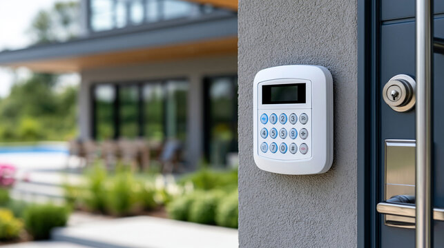 Close-up of a home security alarm panel mounted near a front door on a gray wall, residential security concept, doorway alarm panel photography, home protection installation,