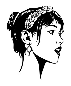 Antique Woman in Laurel Wreath Portrait. Black and white vector clipart isolated on white.