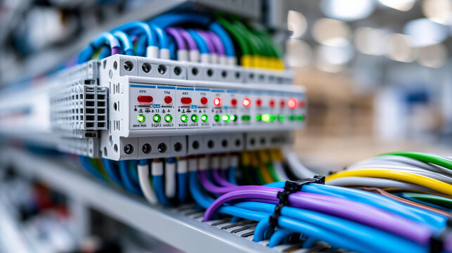 Close-up of a complex electrical alarm system panel with multiple wiring connections and indicator lights, complex electrical system concept, alarm panel wiring photography,