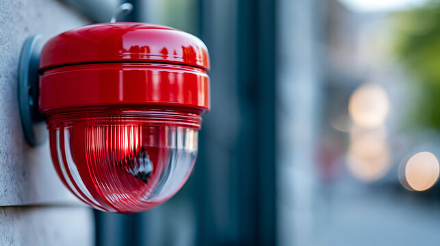 Close-up of a red fire alarm detector and strobe light hanging on an iron wall close-up, alarm fixture concept, detector and strobe photography, wall-mounted safety detail,