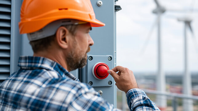 Rear view of a technician testing an emergency shutdown button on a wind turbine safety system, operational safety concept, wind turbine safety photography, emergency stop