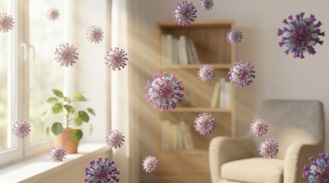 3d render of coronavirus covid19 particles floating in a living room