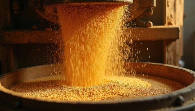Golden grain cascades from milling machinery into large container. Cereal processed for flour production in industrial factory. Agriculture industry tech grinds wheat, corn for food.