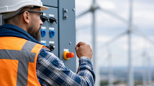 Rear view of a technician testing an emergency shutdown button on a wind turbine safety system, operational safety concept, wind turbine safety photography, emergency stop