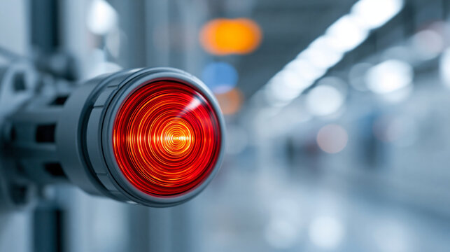 Close-up of a red circular warning button glowing in orange light as an emergency alert in a high-tech facility, panic button concept, emergency alert photography, critical system