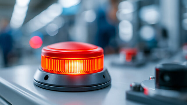 Close-up of a red circular warning button glowing in orange light as an emergency alert in a high-tech facility, panic button concept, emergency alert photography, critical system