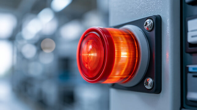 Close-up of a red circular warning button glowing in orange light as an emergency alert in a high-tech facility, panic button concept, emergency alert photography, critical system