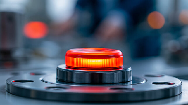 Close-up of a red circular warning button glowing in orange light as an emergency alert in a high-tech facility, panic button concept, emergency alert photography, critical system