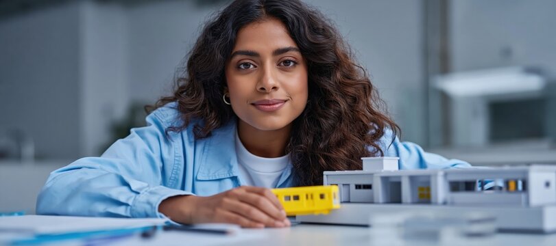 Young South Asian female transit planner proudly presenting oversized model station and tiny train c
