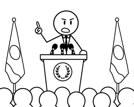 A minimalist stick figure politician delivers an angry speech from a podium.