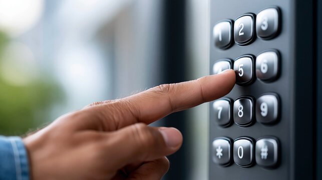 Close-up of a finger pressing a keypad on a dark security panel, secure access concept, keypad press photography, building entry security detail, defocused background, with copy