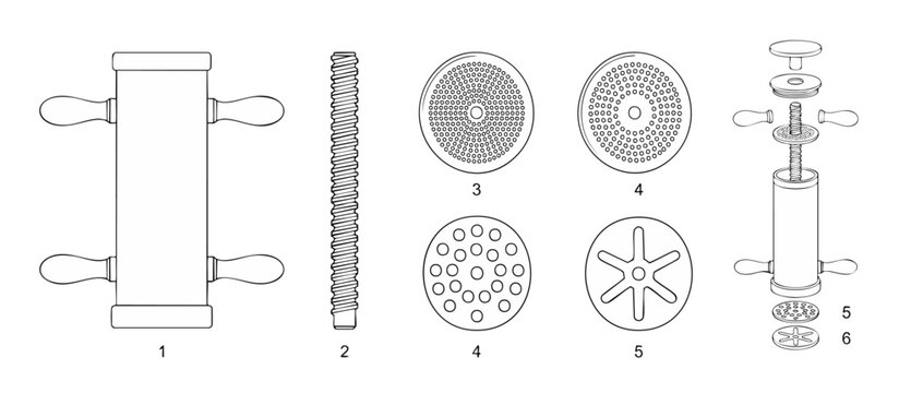 Manual Meat Grinder Parts Diagram with Screw and Die Plates, Kitchen Appliance Technical Illustration showing Assembly Components for Sausage and Mincing Preparation isolated on white background