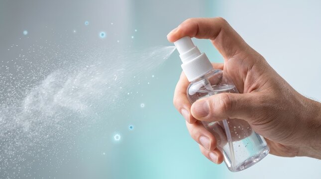 Hand holding clear spray bottle spraying.