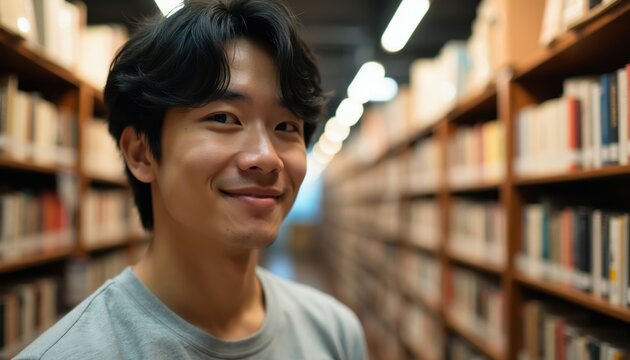 Young Japanese man with dark hair smiles gently while standing between bookshelves in a bright library. His eyes show curiosity and interest in the surrounding books.