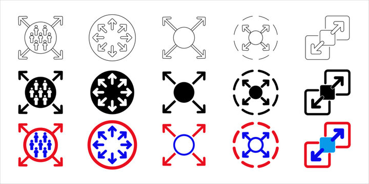Complete flat illustration vector set of capacity outline icons. Enlarge size sign with arrow symbol.