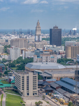 Baton Rouge Louisiana &mdash; Downtown Telephoto Aerial Louisiana State Capitol Tower River Center Arena and Petrochemical Refineries