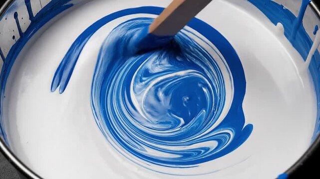 Blue paint being mixed with white paint using a wooden stick. The process creates beautiful swirling patterns and marble effects. Ideal for DIY tutorials and home renovation content.
