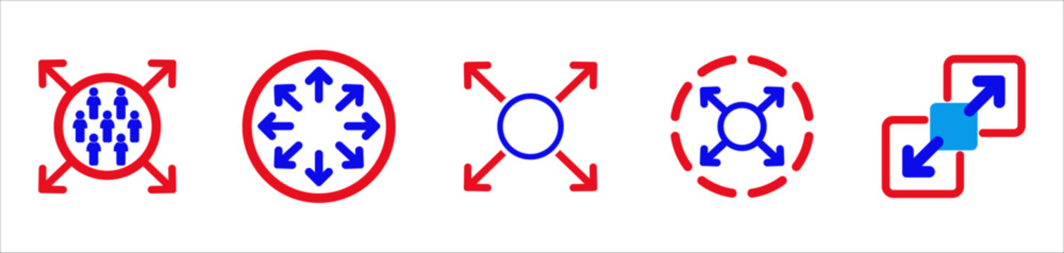 Flat vector colored illustration of capacity outline icon set. Enlarge size sign with arrow symbol.