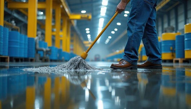 Man wearing jeans and brown shoes mops wet floor in large factory with blue barrels. Shiny industrial space has yellow support beams and bright overhead lights.