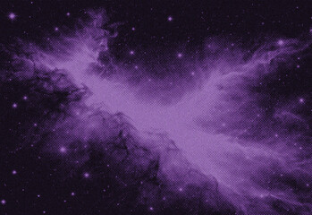 Abstract purple nebula and star field background with glowing particles and cosmic light rays © DesignSells