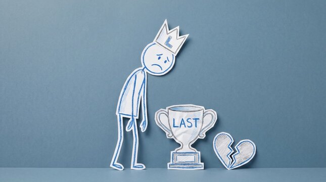 A stick figure in a crown with an 'L' slumps sadly next to a trophy labeled 'LAST' and a broken heart, visually conveying themes of failure, disappointment, and rejection.