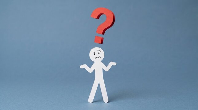 A paper cutout figure shrugs with a worried expression beneath a large red question mark, visually conveying themes of confusion, doubt, uncertainty, and lack of answers.
