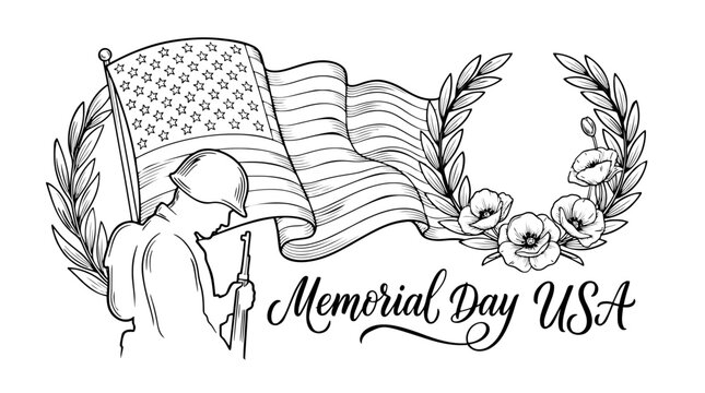 Vector illustration of a waving American flag with Memorial Day lettering, symbolizing patriotism, remembrance and tribute to heroes, isolated on a transparent background