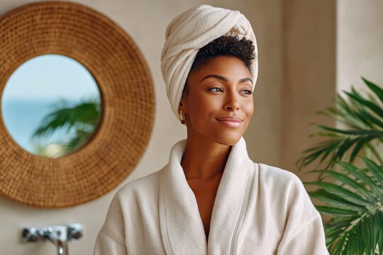 Relaxed African American woman in towel and robe enjoying a peaceful spa moment by a tropical window