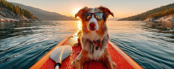 Fototapeta premium Australian Shepherd sitting on a red paddleboard at sunset wearing sunglasses on a calm lake