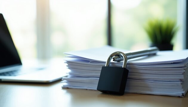 Laptop next to document stack with padlock. Secure office paperwork protects sensitive information. Confidential data kept safe in business environment. Workstation locked for privacy.