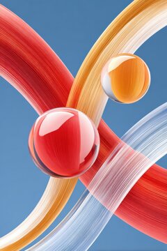 Colorful abstract composition with glossy glass spheres and flowing ribbon strands on blue background