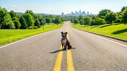 Obraz premium A black and white American Staffordshire Terrier sitting in the middle of an empty road leading to a distant city skyline