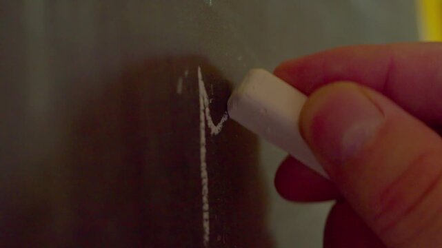 Close up of hand writing illegible unreadable word on chalkboard.A macro shot with shallow depth of field showing a hand using white chalk to write a messy, unknown, or mysterious word on a blackboard