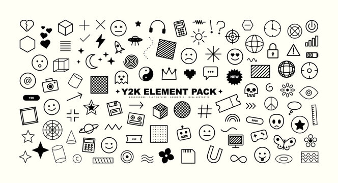 Monochrome Y2K Icon Element Pack. Black outline Y2K graphics set with geometric shapes, emoji faces, tech symbols, hearts, stars, and retro 2000s elements on a clean cream background. Vector graphic
