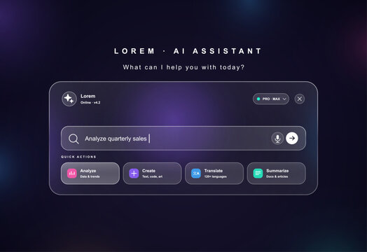 Glassmorphism AI Assistant Search Interface. Loading web page, AI app mockup with UI, UX. Futuristic AI assistant dashboard with glowing glassmorphism search bar, prompt input. Vector web template
