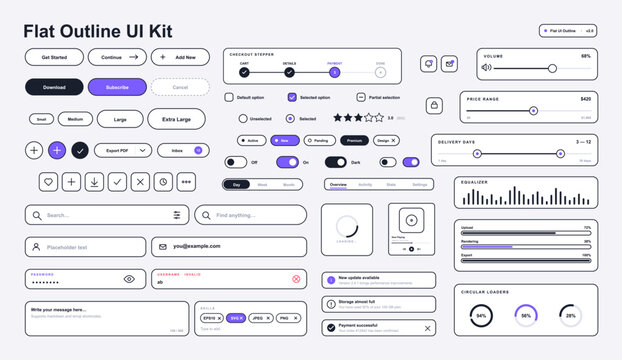 Flat Outline UI Kit Components Collection. Minimal flat outline UI kit featuring buttons, sliders, toggles, forms, loaders, alerts, tabs, ratings, progress bars. Vector interface elements for app