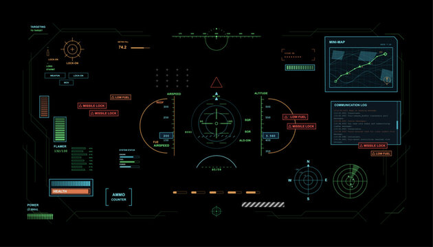 Futuristic Tactical HUD Interface Display. Sci-fi cockpit HUD interface with radar, targeting reticles, mini-map, warning alerts. Cyberpunk VR helmet view with futuristic interface, GUI, UI. Vector