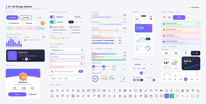 UI UX Design System Components Light Theme. Clean light theme UI kit for App or Website with buttons, toggles, sliders, forms, mobile screens, alerts, widgets. Vector interface elements for mobile app
