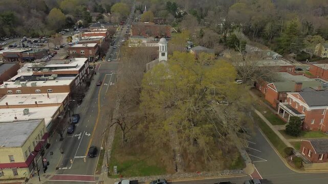 Aerial flyover view of downtown Hillsborough, North Carolina, in Orange County